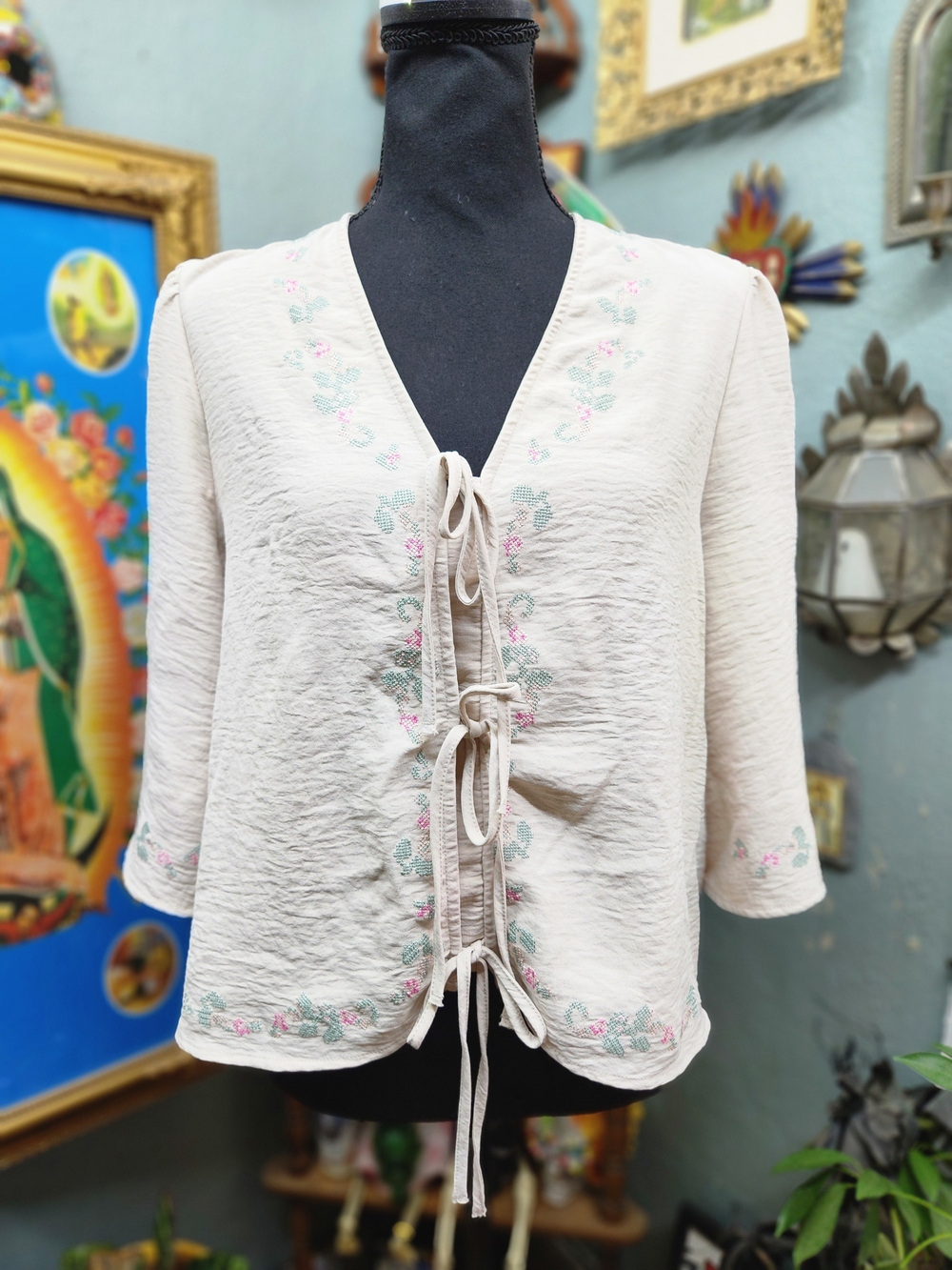 Adrianna Papell Cream Embroidered Tie-Front Tunic